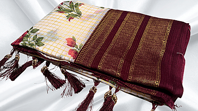 Red Rose Fancy Gold Foil Saree - Maroon Plum