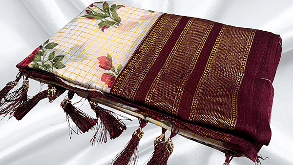 Red Rose Fancy Gold Foil Saree - Maroon Plum