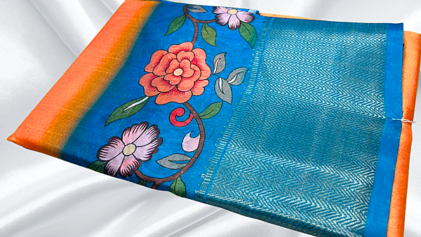 Soft Jequard Silk Floral Saree - Orange & Aqua