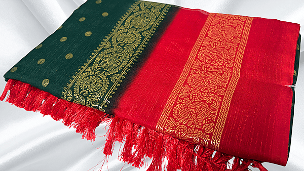 Red Label Chiffon Soft Foil Saree - Pine Green & Red