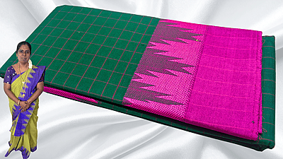 Pure Chettinadu Cotton Temple Checks Saree - Pine Green & Pink