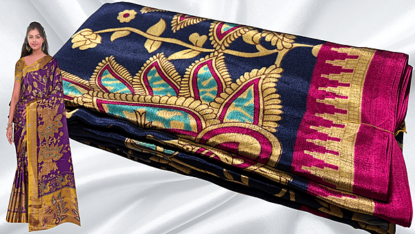 Royal Silk Kalankari Turkey Saree -  Navy & Magenta