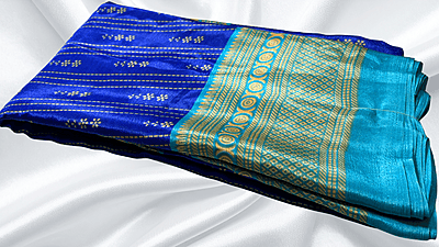 Fini Soft Turkey Silk Saree - Ink Blue & Aqua