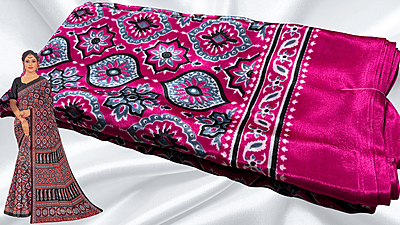 Crape Silk Ajrakh Pattern Saree - Pink Crape Silk Ajrakh Pattern Saree - Pink