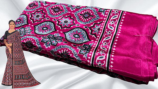 Crape Silk Ajrakh Pattern Saree - Pink