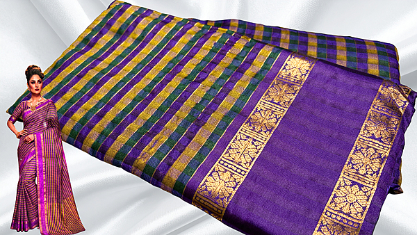 Madarash Fancy Chex Jari Saree - Purple