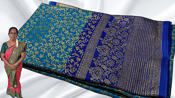 Good Day Gold Foil Vines Saree - Aqua Blue