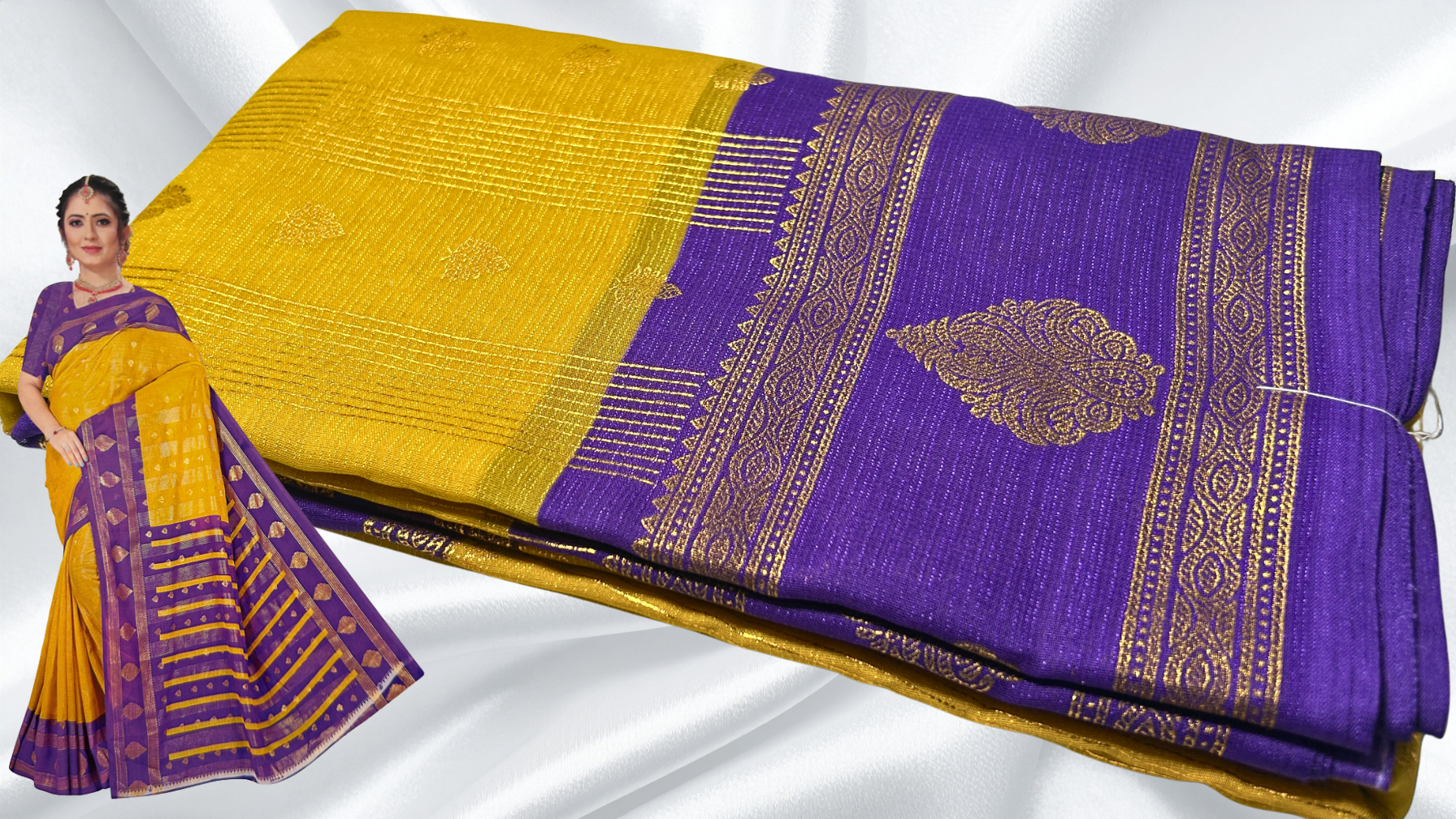 Mayurika Gold Foil Soft Saree - Mustard & Dark Violet Mayurika Gold Foil Soft Saree - Mustard & Dark Violet