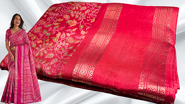 Deepti Retta Patta Floral Silk Saree - Red Pink