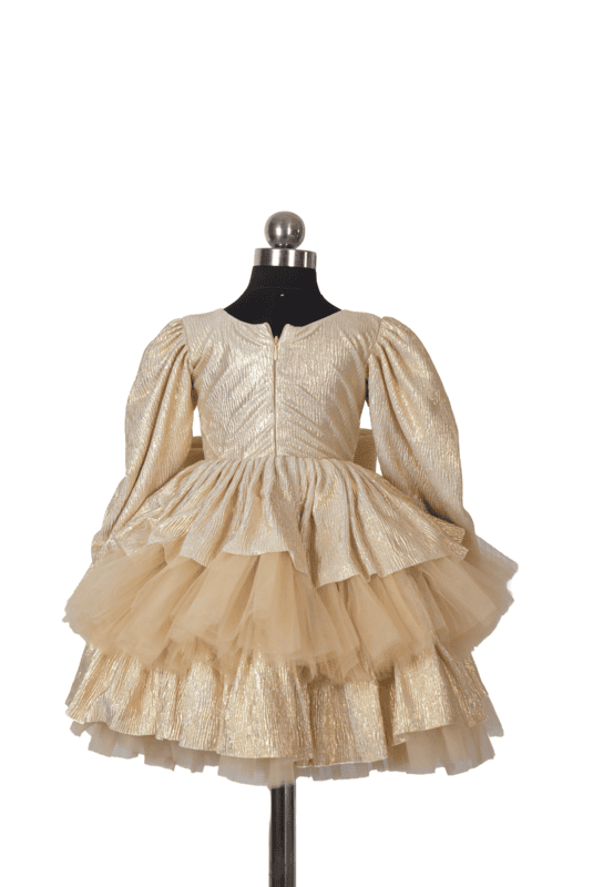 Golden Bow & Ruffle Puff Sleeve Dress