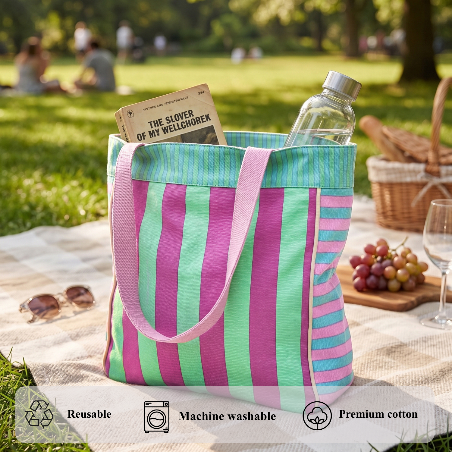 Stylish Striped Tote Bag with Inner Pocket - Pink and Blue Combo