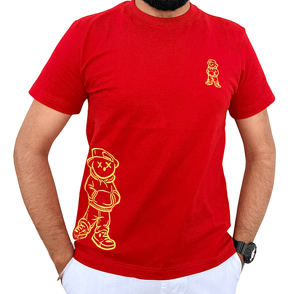 Unisex Red Savage Bear Embroidered Crew Neck Tee