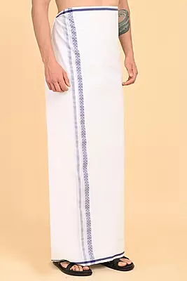 Men’s 100% Cotton Double-Layer White Veshti with Fancy Border