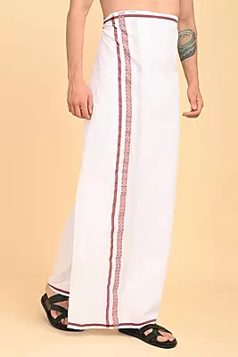 Men’s 100% Cotton Double-Layer White Veshti with Fancy Border