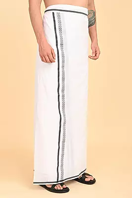 Men’s 100% Cotton Double-Layer White Veshti with Fancy Border