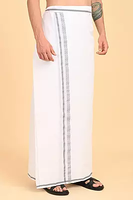 Men’s 100% Cotton Double-Layer White Veshti with Fancy Border