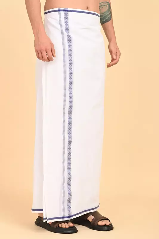 Men’s 100% Cotton Readymade Double-Layer White Veshti with Fancy Border