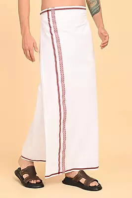 Men’s 100% Cotton Readymade Double-Layer White Veshti with Fancy Border