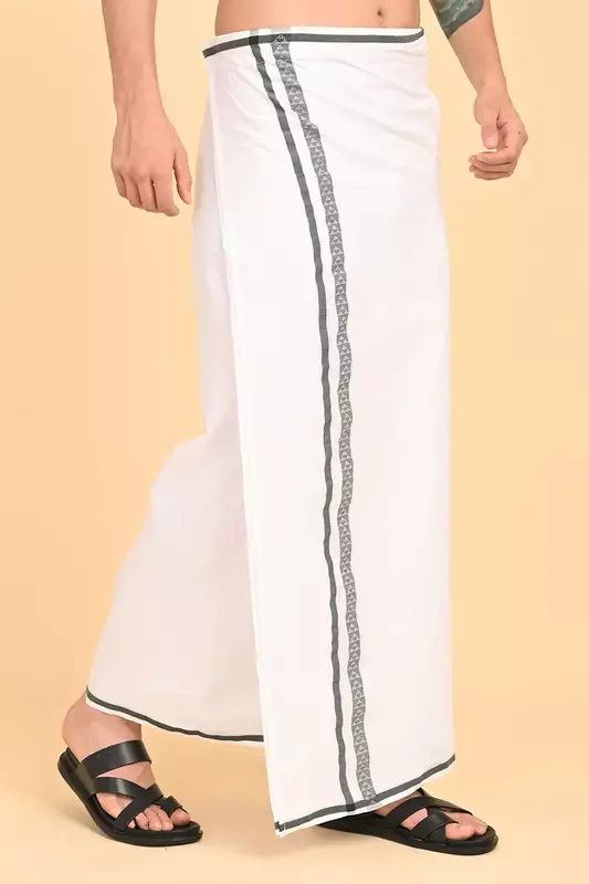 Men’s 100% Cotton Readymade Double-Layer White Veshti with Fancy Border