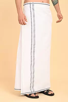 Men’s 100% Cotton Readymade Double-Layer White Veshti with Fancy Border