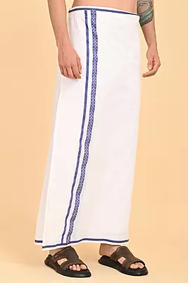 Men’s 100% Cotton Readymade Double-Layer White Veshti with Fancy Border