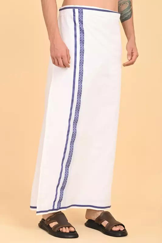Men’s 100% Cotton Readymade Double-Layer White Veshti with Fancy Border