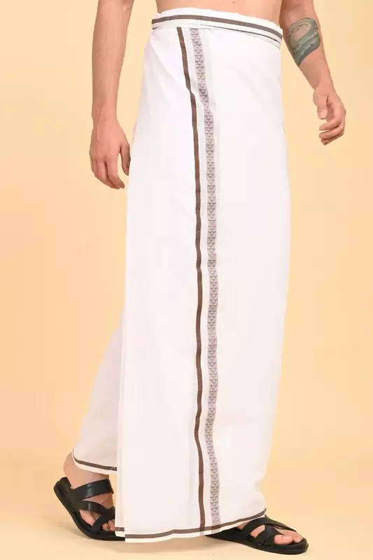 Men’s 100% Cotton Readymade Double-Layer White Veshti with Fancy Border