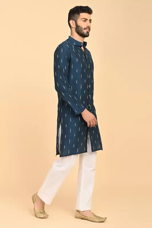 Men Jacquard Full Open Long Kurta - Blue