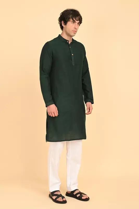 Men Ethnic Embroidered Long Kurta - Green