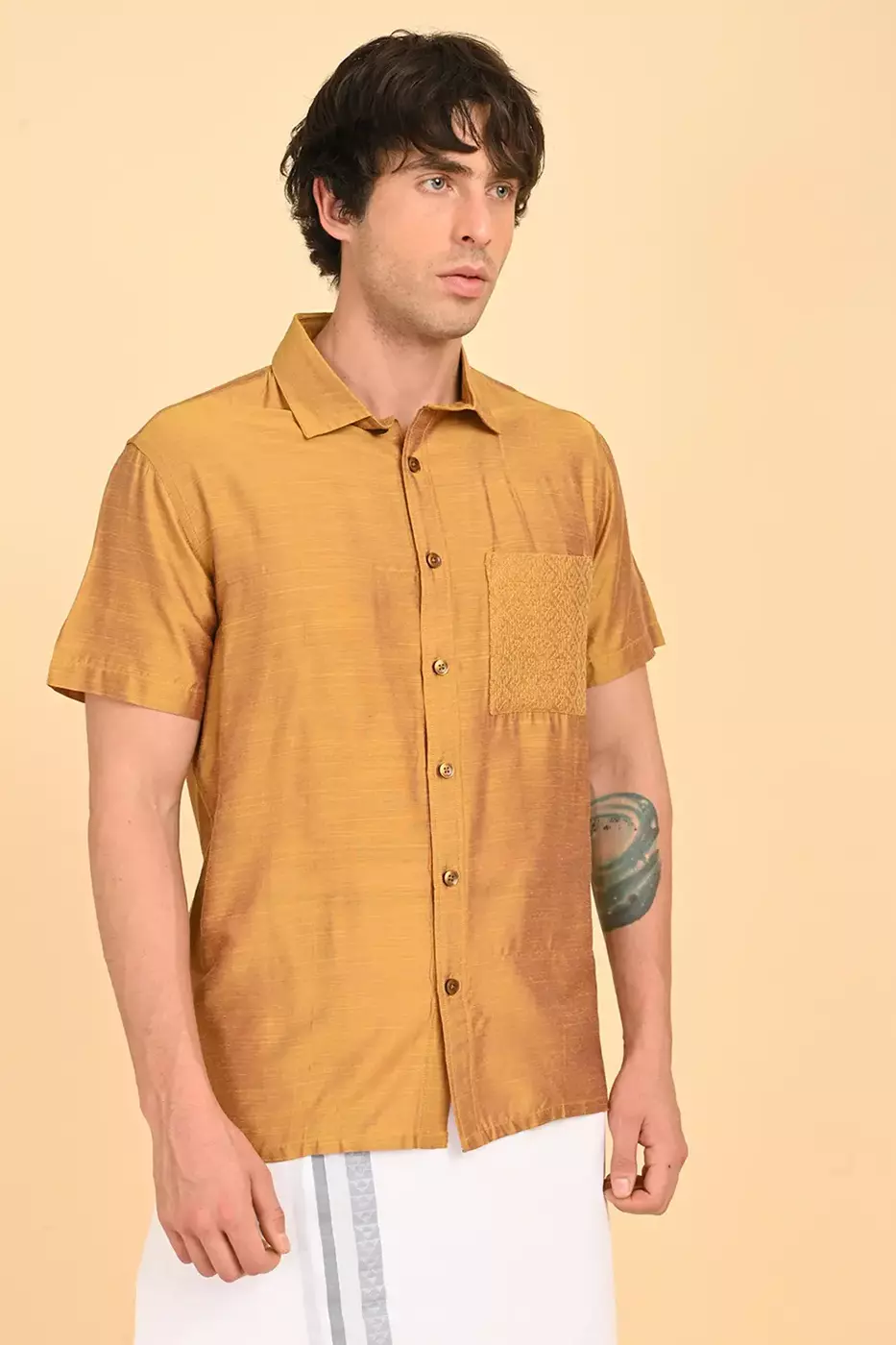 Men Short Sleeve Ethnic Shirt - Yellow