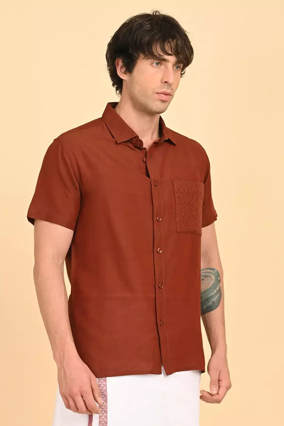 Men Short Sleeve Ethnic Shirt - Brown