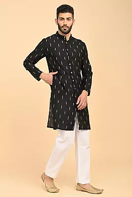 Men Jacquard Full Open Long Kurta - Black