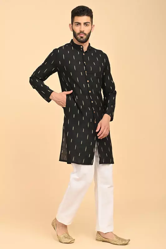 Men Jacquard Full Open Long Kurta - Black