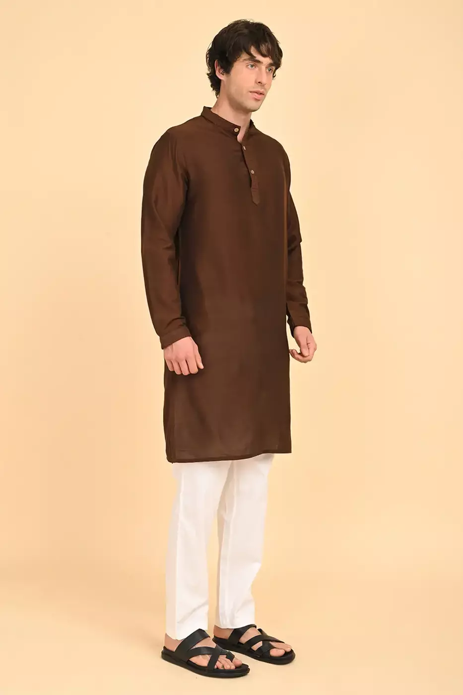 Men Ethnic Embroidered Long Kurta - Brown
