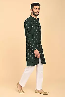 Men Jacquard Full Open Long Kurta - Green