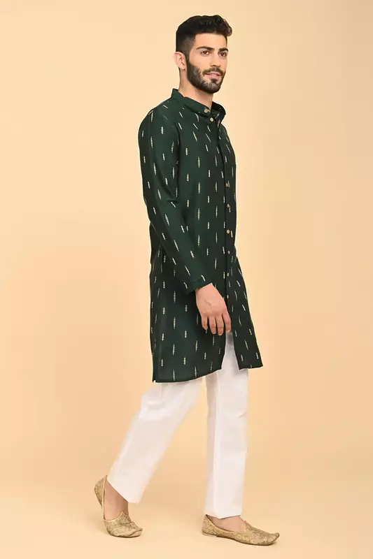 Men Jacquard Full Open Long Kurta - Green