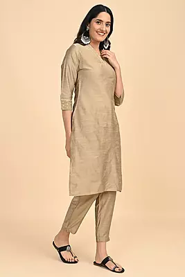 Women V-Neck Long Kurta - Golden