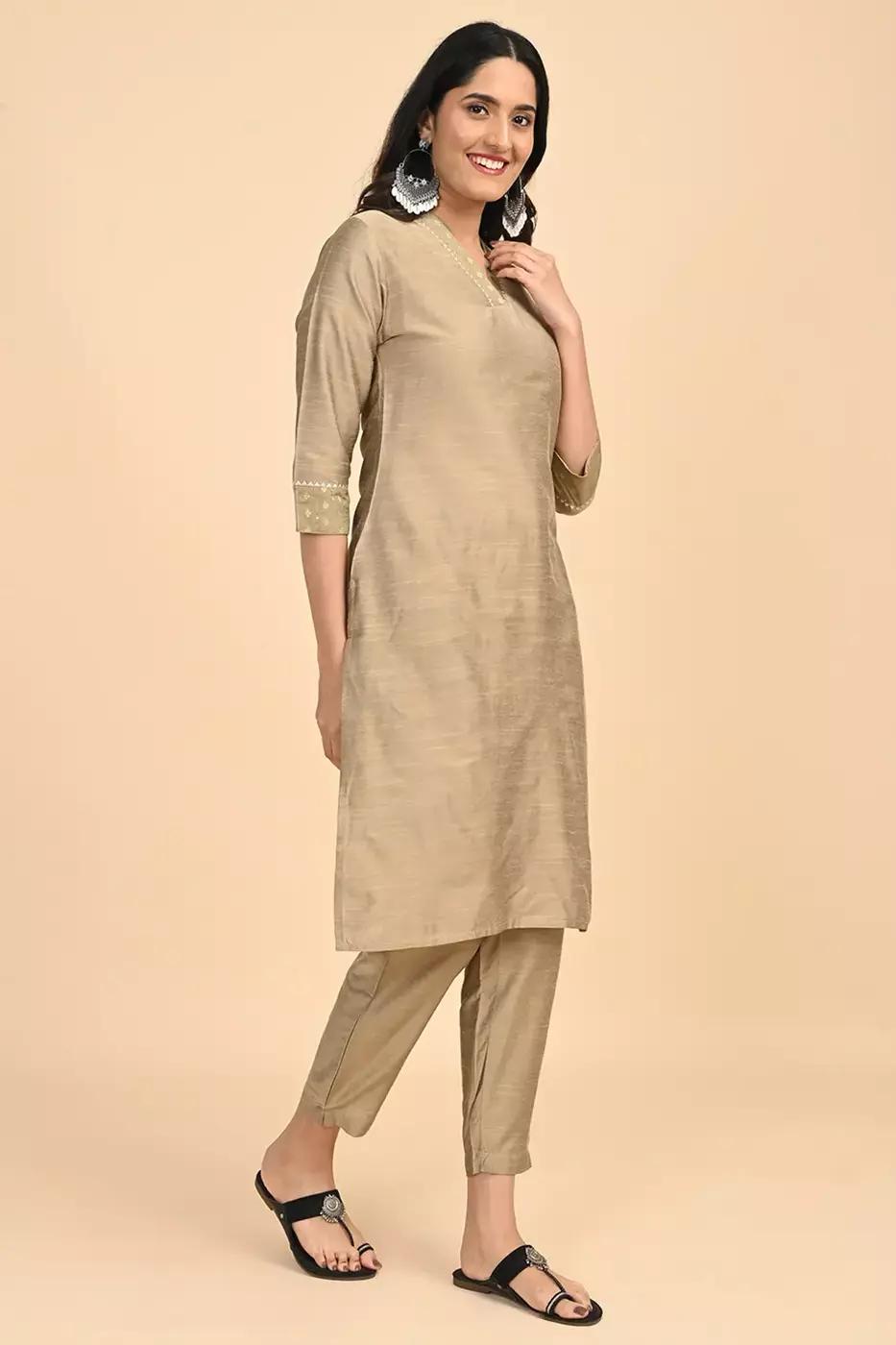 Women V-Neck Long Kurta - Golden