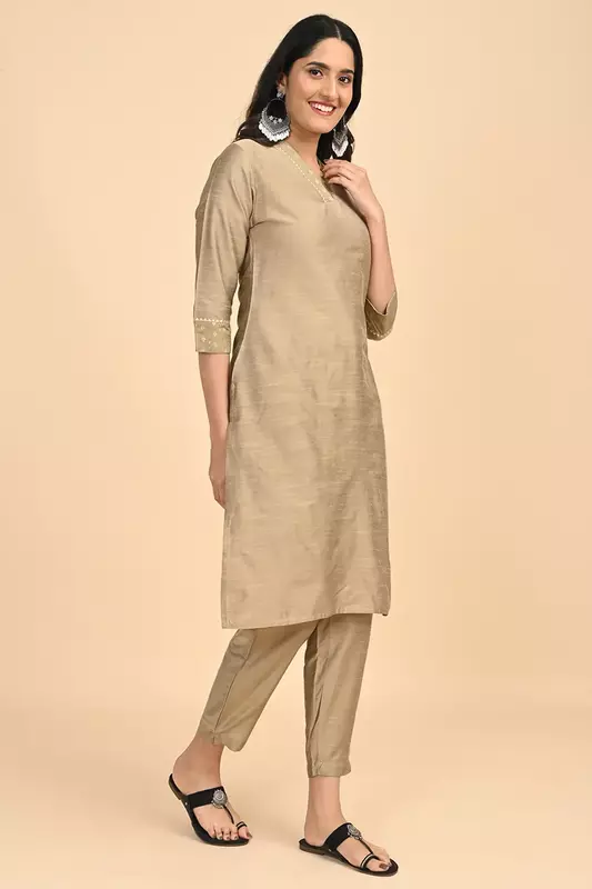 Women V-Neck Long Kurta - Golden