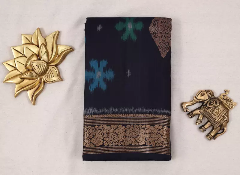 Navy Blue Ikat Silk Saree with Rich Gold Zari Pallu and butta | Handloom Saree