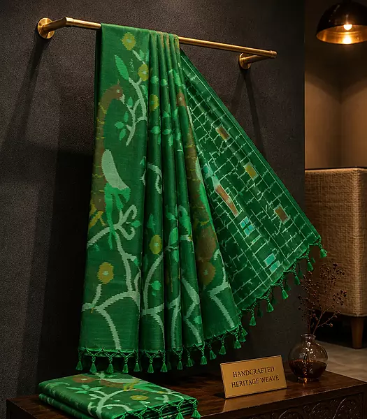 Green Ikat Silk Saree with Traditional Handwoven Motifs