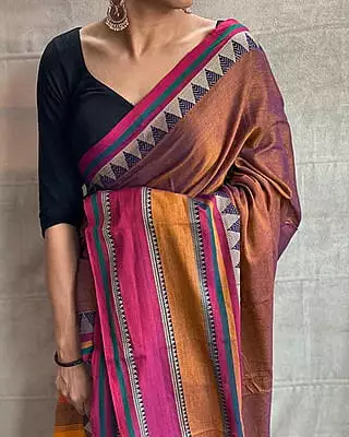 Sita Rustic Copper saree with light Raspberry Pink Temple Border