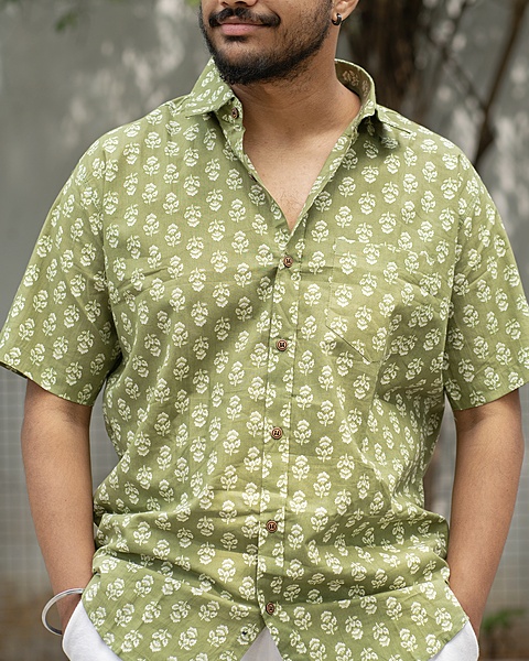 Rawscal Men’s Cotton Shirt – Sage Green Floral Motif | Half Sleeves
