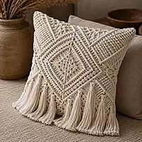 Natural Ivory Macrame Cushion Cover with Fringe & Leaf Knotwork