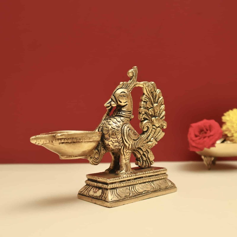 Brass Peacock Design Diya for Pooja and Home Decor - 6.2 inch Height | Ornate Brass Diya with Peacock Design for Pooja and Decorative Purposes