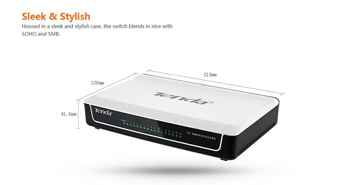 Tenda (S16)16-Port Fast Ethernet Desktop Switch with LED Indicators, 10/100Mbps Network Connectivity (White) Tenda (S16)16-Port Fast Ethernet Desktop Switch with LED Indicators, 10/100Mbps Network Connectivity (White)