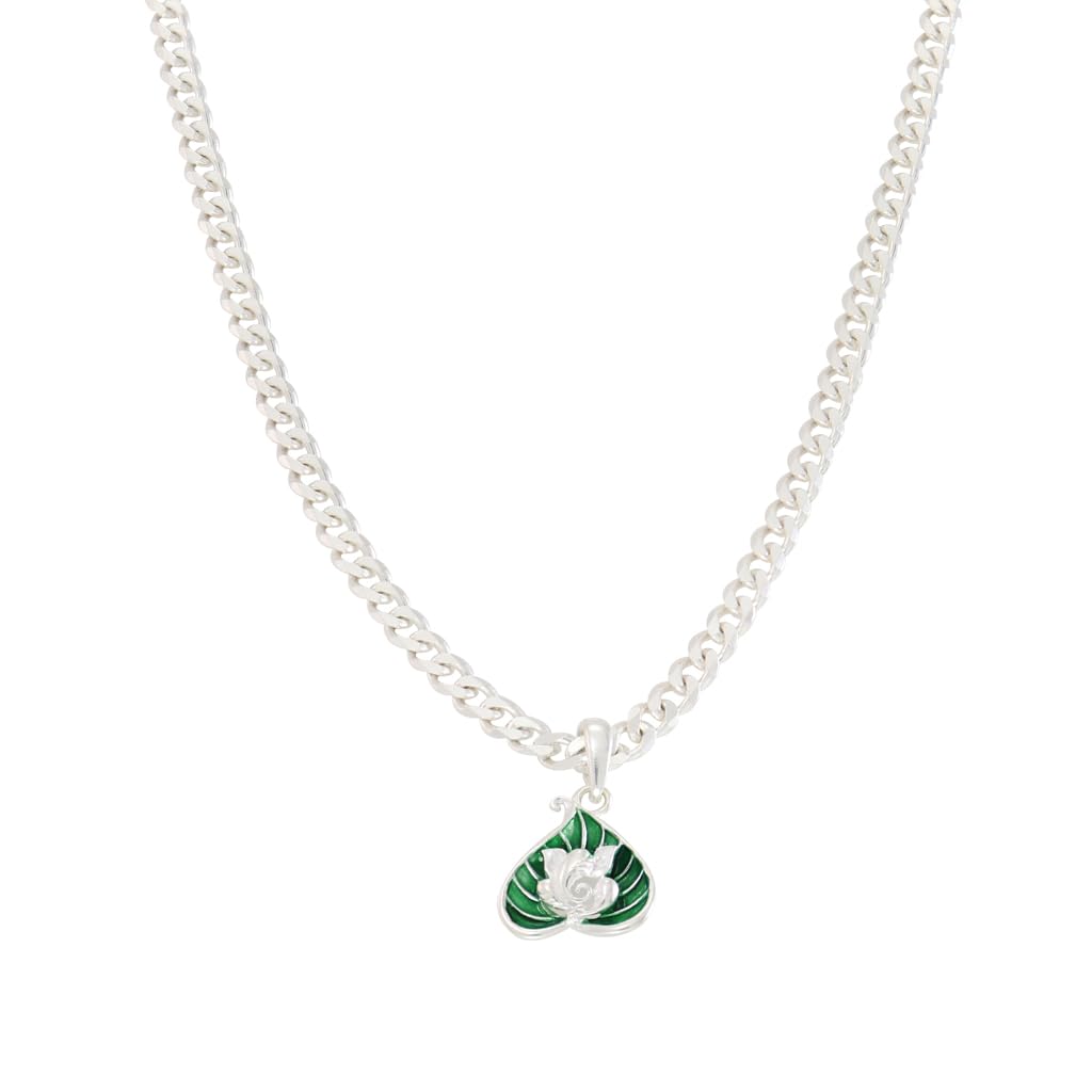 Sterling Silver (92.5% purity) Curb Cuban Chain with Green Leaf Lord Vinayagar Swastik Pendant