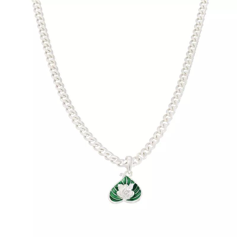 Sterling Silver (92.5% purity) Curb Cuban Chain with Green Leaf Lord Vinayagar Swastik Pendant