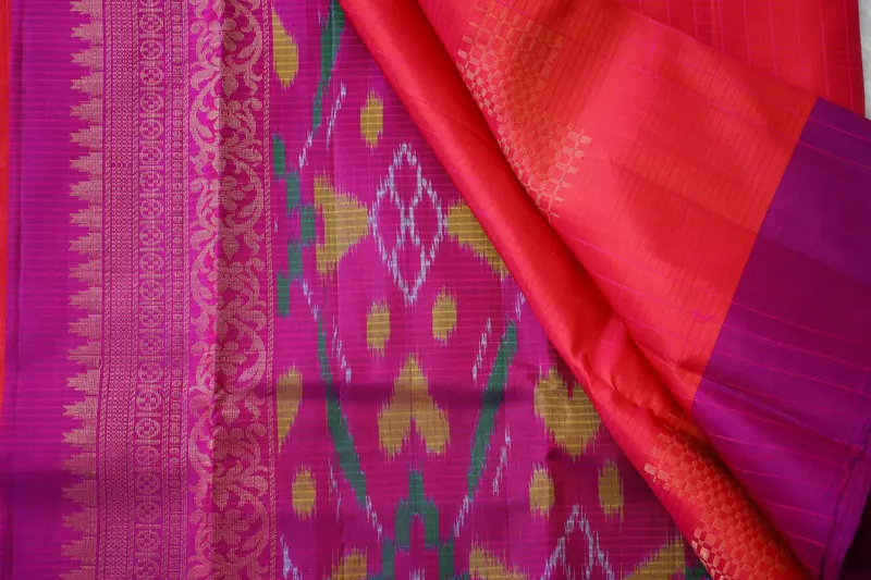 Magenta Ikat Silk Saree with Gold Zari Border & butta with ikat blouse