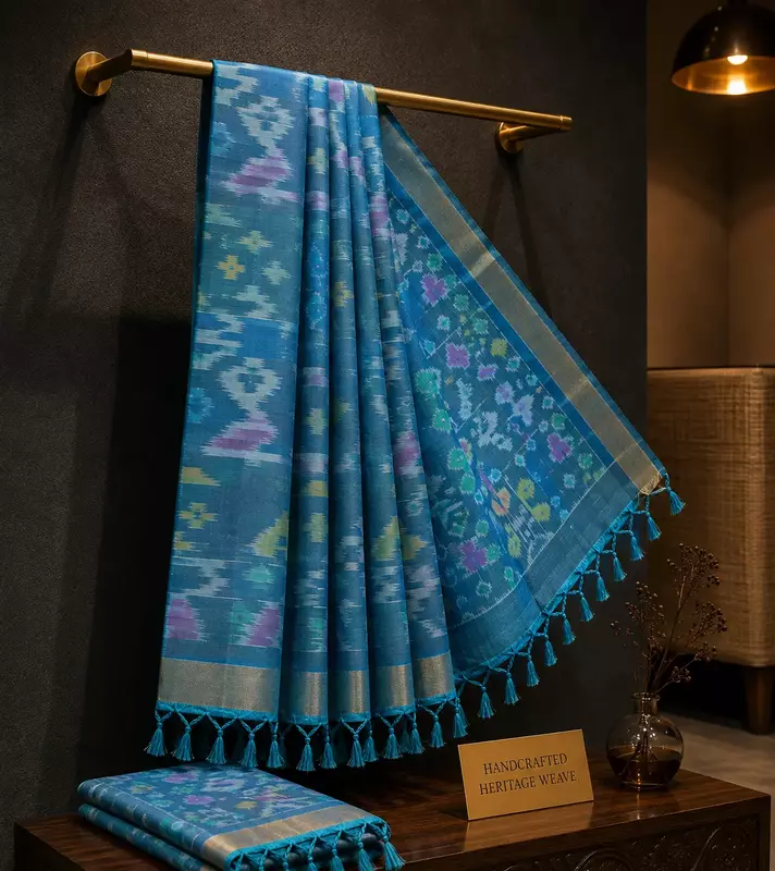 Teal blue silk saree with circular motifs, multicolour ikat pallu, and ikat blouse.